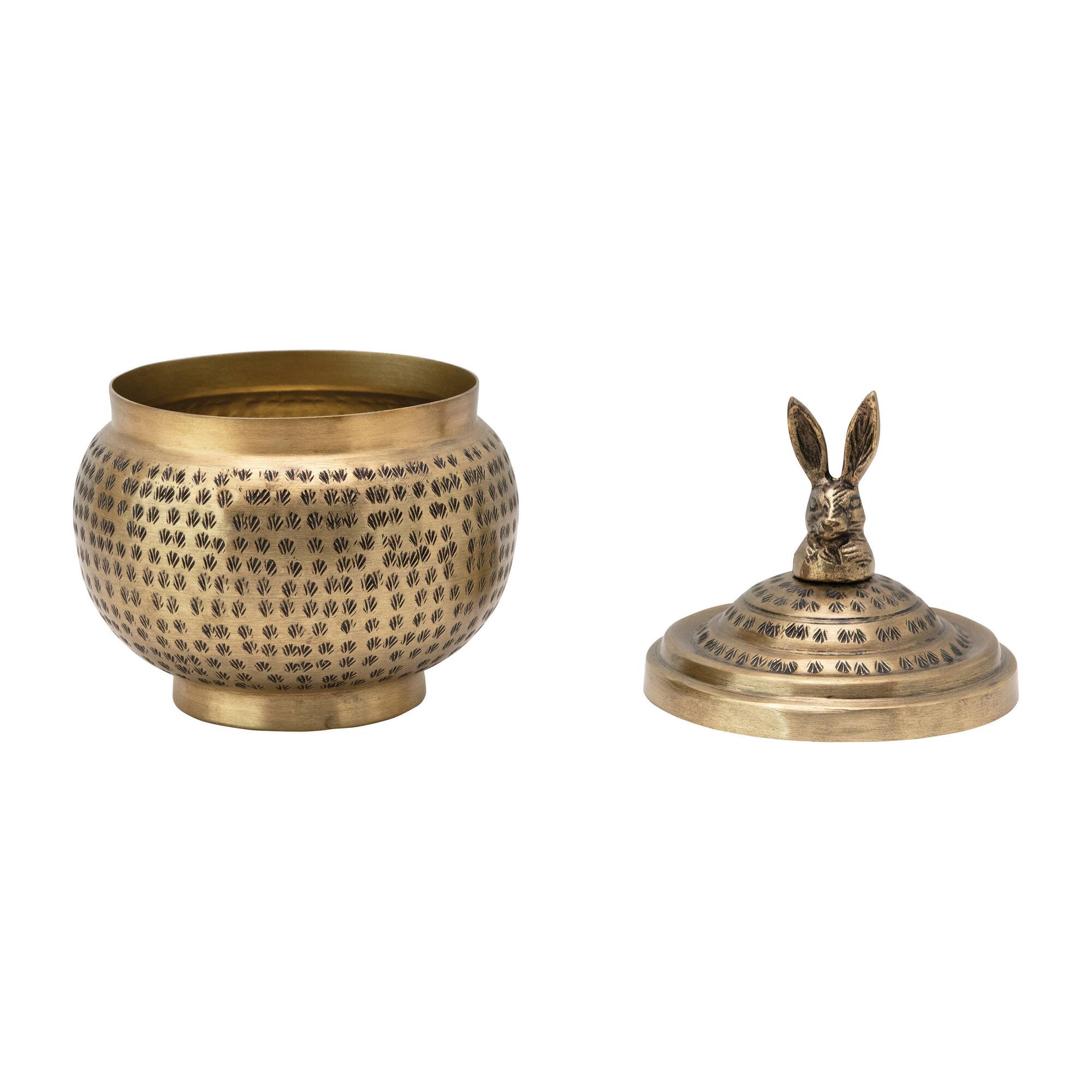 Hello Honey® 8'' Brass Finished Hammered Metal Container with Rabbit Finial